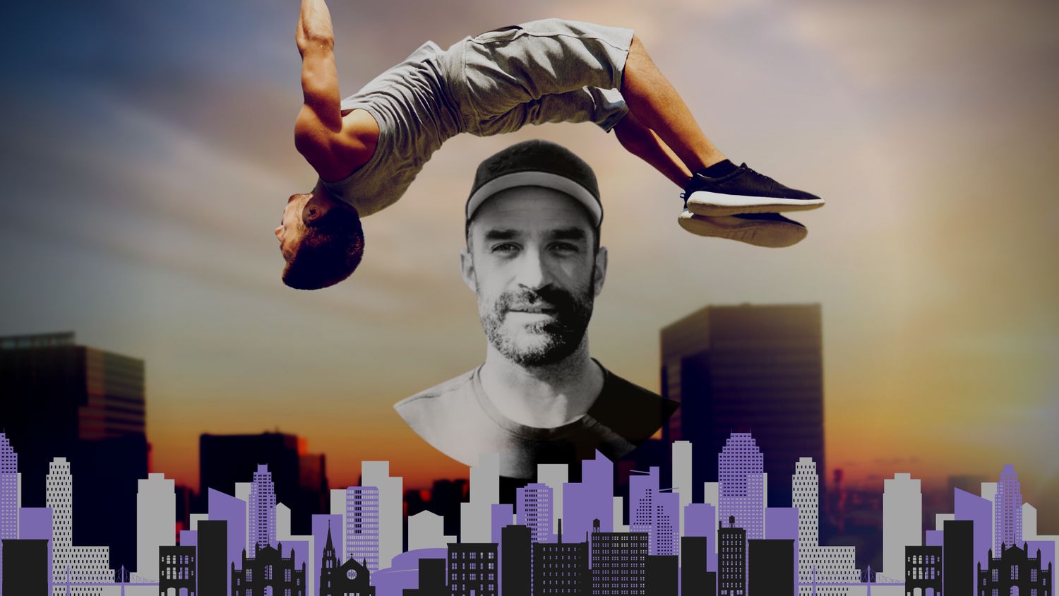 Backflip over a city skyline with Jai's portrait